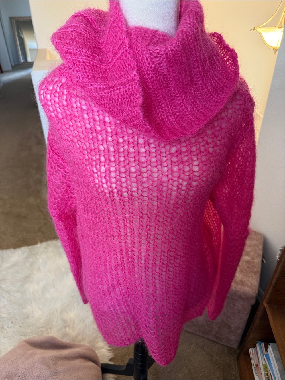 The Limited Hot Pink Open-Weave Cowl Neck Sweater - oversized fit